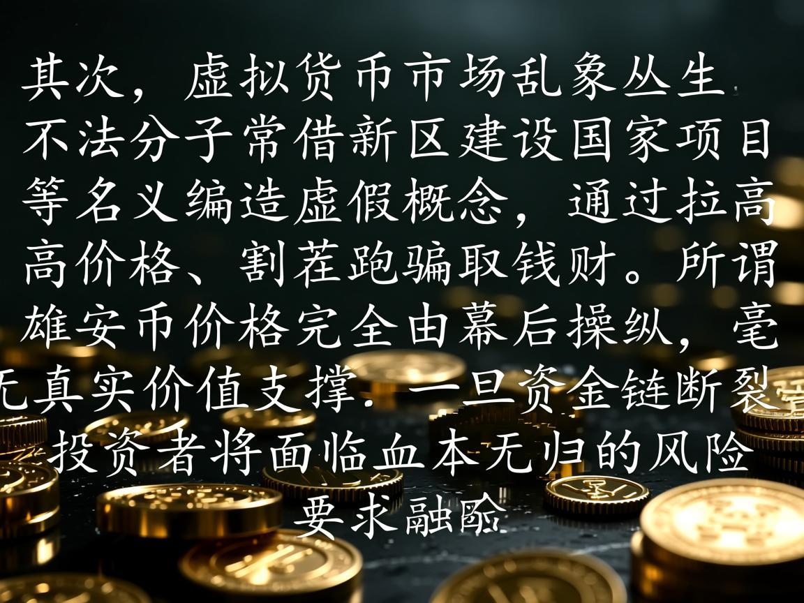 其次，虚拟货币市场乱象丛生，不法分子常借新区建设国家项目等名义编造虚假概念，通过拉高价格、割茬跑骗取钱财。所谓雄安币价格完全由幕后操纵，毫无真实价值支撑，一旦资金链断裂，投资者将面临血本无归的风险